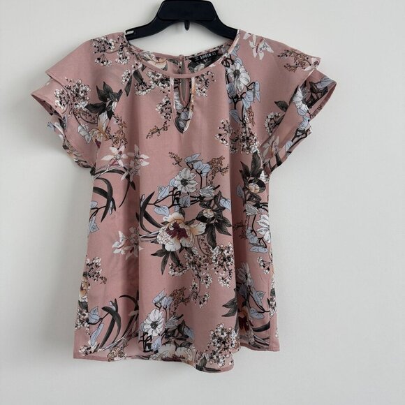 Shein Women Floral Pink With Ruffle Sleeves & Keyhole Neck Blouse Size M - Picture 1 of 7